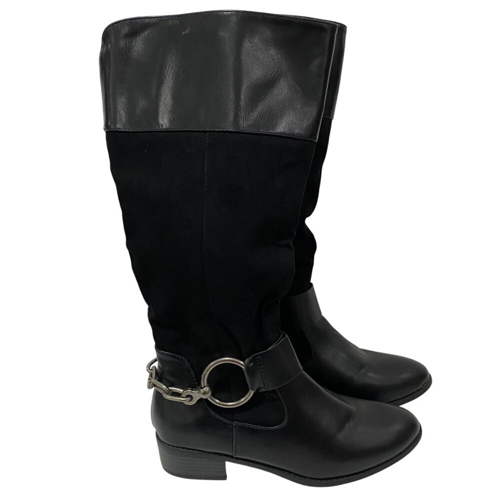 Black Faux Leather & Suede Knee-High Boots With Silver Chain Detail Size 8.5